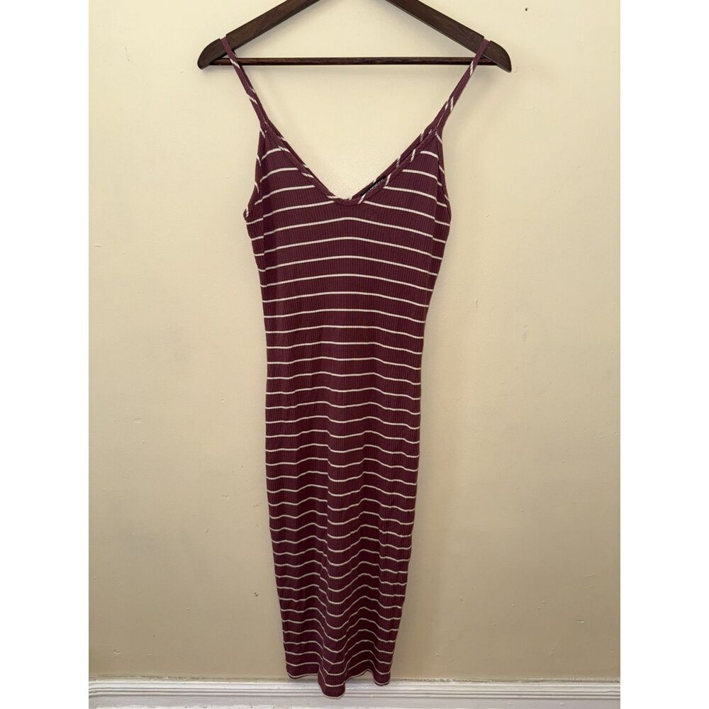 EXPRESS Striped Ribbed Knit Midi Bodycon Dress Size S Mauve Plum White
